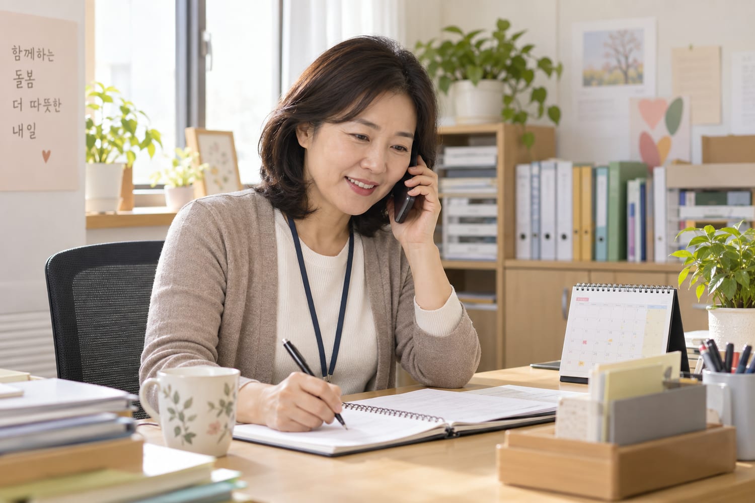 방문요양센터 사회복지사가 보호자와 전화 상담하며 일정을 확인하는 장면 — AI 생성 이미지