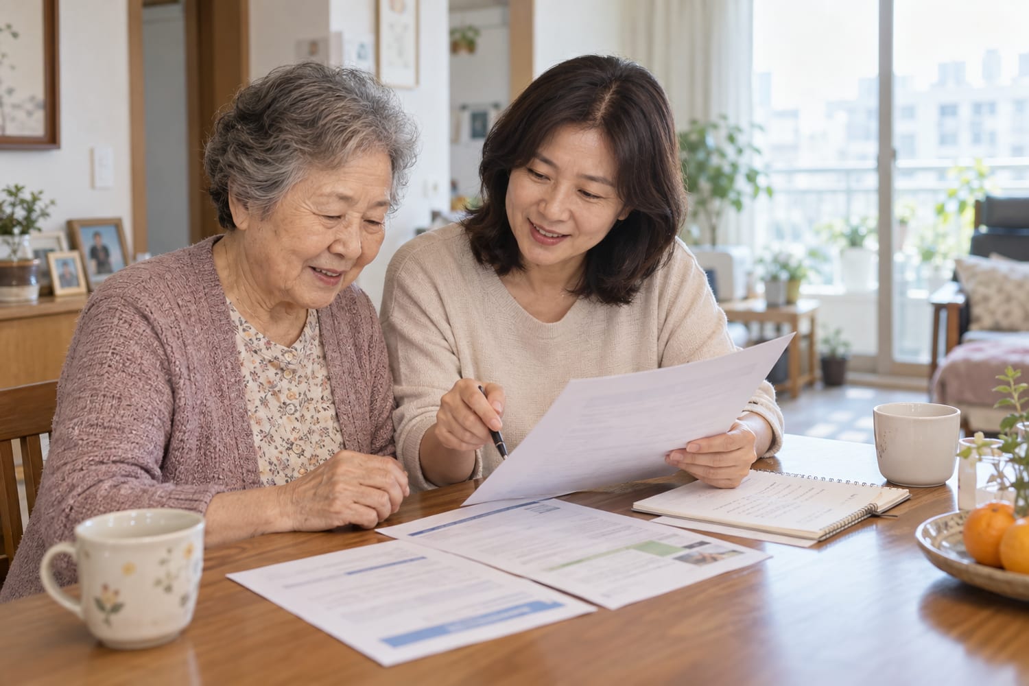 장기요양등급 결과 서류와 체크리스트를 함께 확인하는 어머니와 딸 — AI 생성 이미지
