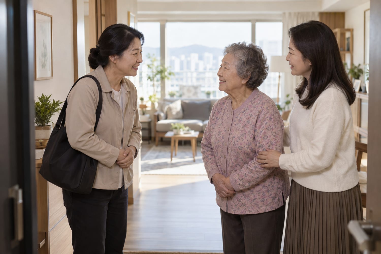 첫 방문에서 요양보호사와 어르신, 보호자가 인사를 나누는 장면 — AI 생성 이미지